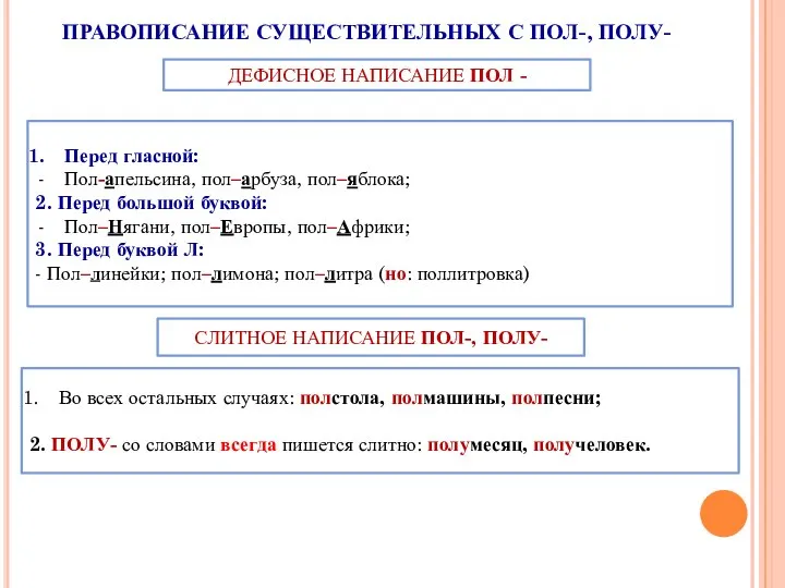 ПРАВОПИСАНИЕ СУЩЕСТВИТЕЛЬНЫХ С ПОЛ-, ПОЛУ- ДЕФИСНОЕ НАПИСАНИЕ ПОЛ - Перед гласной: