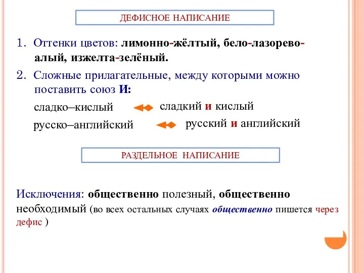 1. Оттенки цветов: лимонно-жёлтый, бело-лазорево-алый, изжелта-зелёный. 2. Сложные прилагательные, между которыми