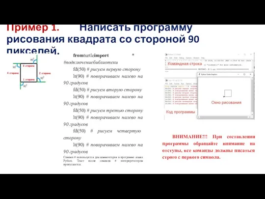 Пример 1. Написать программу рисования квадрата со стороной 90 пикселей. fromturtleimport