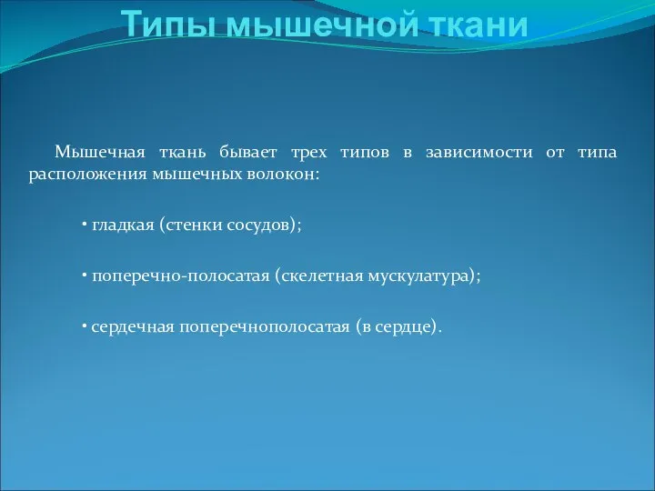 Мышечная ткань бывает трех типов в зависимости от типа расположения мышечных