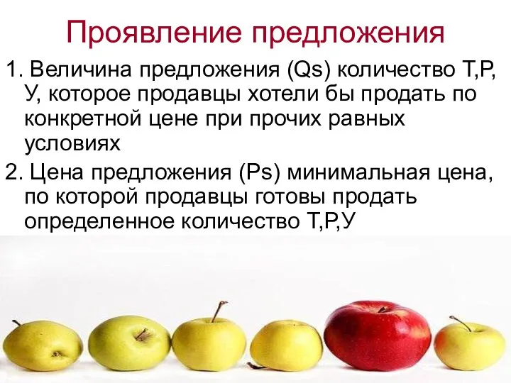 Проявление предложения 1. Величина предложения (Qs) количество Т,Р,У, которое продавцы хотели