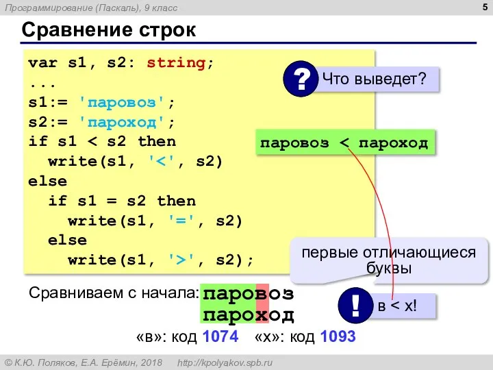 Сравнение строк var s1, s2: string; ... s1:= 'паровоз'; s2:= 'пароход';