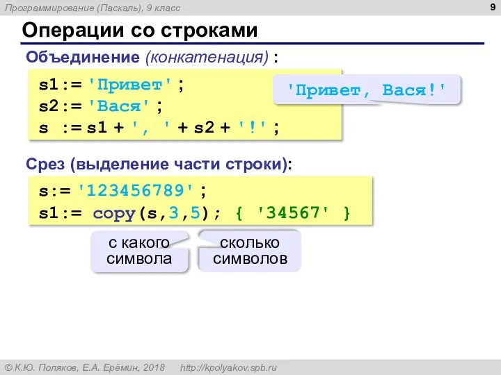 Операции со строками Объединение (конкатенация) : s1:= 'Привет' ; s2:= 'Вася'