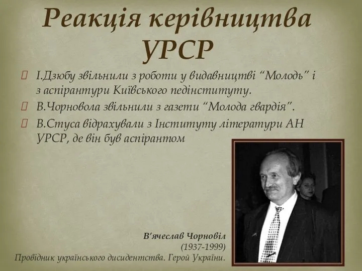 І.Дзюбу звільнили з роботи у видавництві “Молодь” і з аспірантури Київського