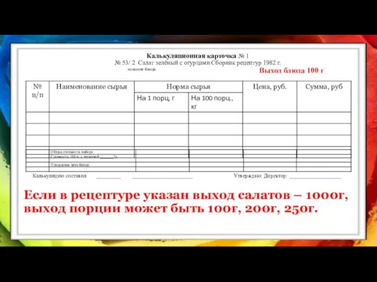 Калькуляционная карточка № 1 № 53/ 2 Салат зелёный с огурцами