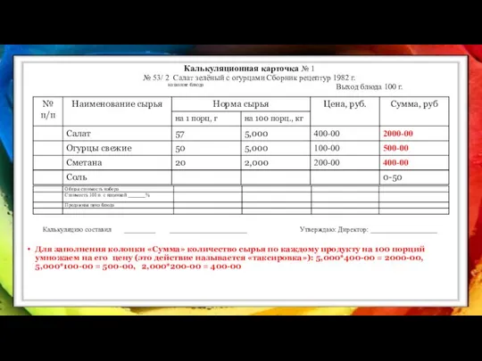 Калькуляционная карточка № 1 № 53/ 2 Салат зелёный с огурцами