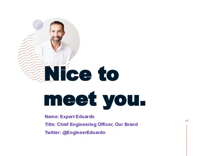 Name: Expert Eduardo Title: Chief Engineering Officer, Our Brand Twitter: @EngineerEduardo Nice to meet you. 03