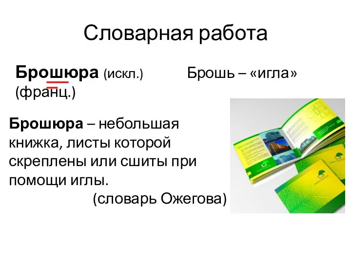 Словарная работа Брошюра (искл.) Брошь – «игла» (франц.) Брошюра – небольшая