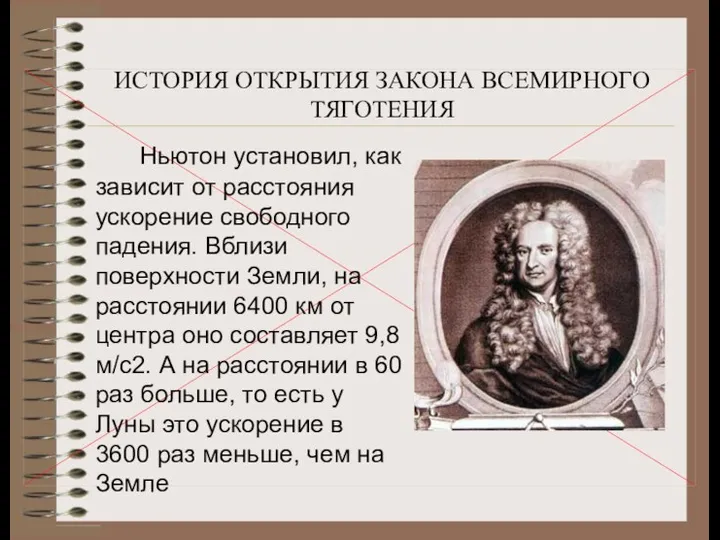 Ньютон установил, как зависит от расстояния ускорение свободного падения. Вблизи поверхности