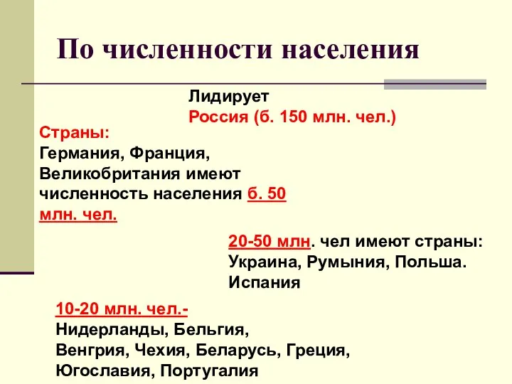 По численности населения Страны: Германия, Франция, Великобритания имеют численность населения б.