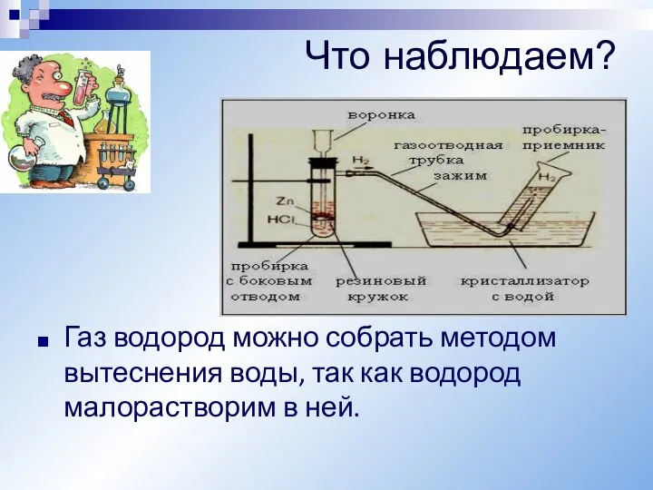 Что наблюдаем? Газ водород можно собрать методом вытеснения воды, так как водород малорастворим в ней.