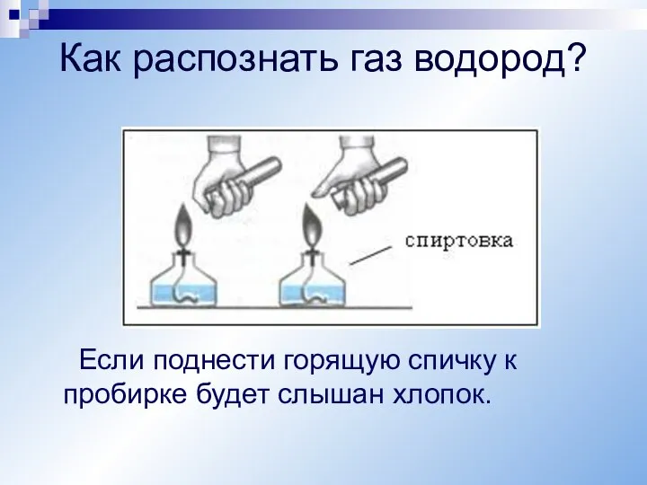 Как распознать газ водород? Если поднести горящую спичку к пробирке будет слышан хлопок.