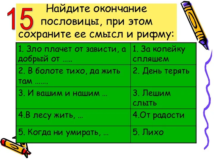 Найдите окончание пословицы, при этом сохраните ее смысл и рифму: 15