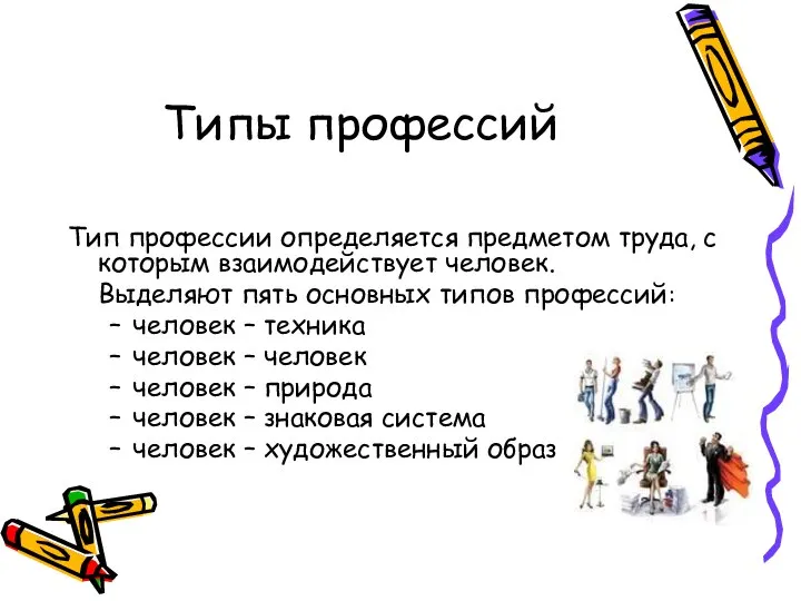 Типы профессий Тип профессии определяется предметом труда, с которым взаимодействует человек.