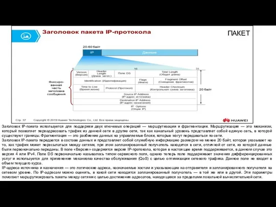 Заголовок IP-пакета используется для поддержки двух ключевых операций — маршрутизации и