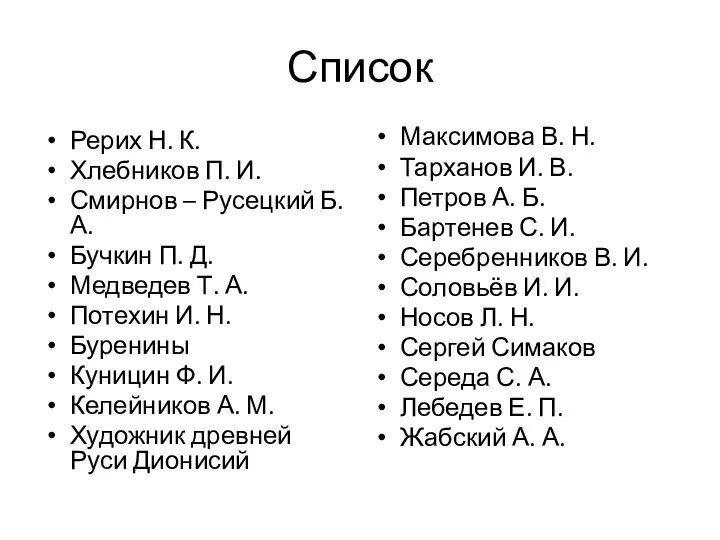 Список Рерих Н. К. Хлебников П. И. Смирнов – Русецкий Б.