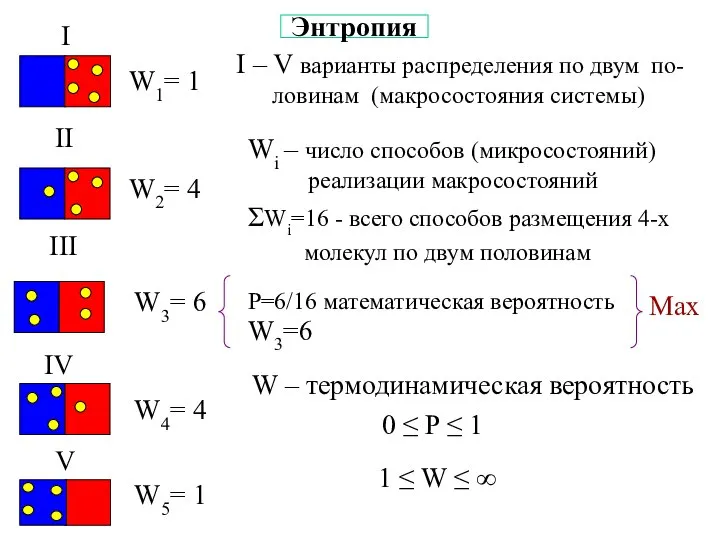 Энтропия W1= 1 W2= 4 W3= 6 W4= 4 W5= 1