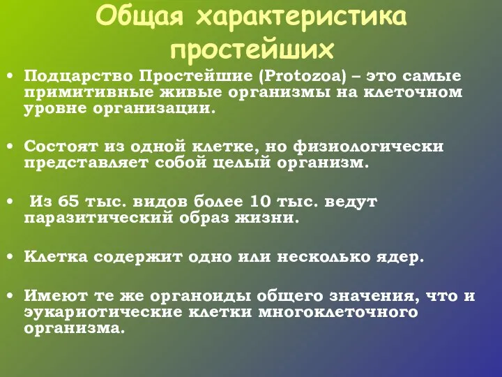 Общая характеристика простейших Подцарство Простейшие (Protozoa) – это самые примитивные живые