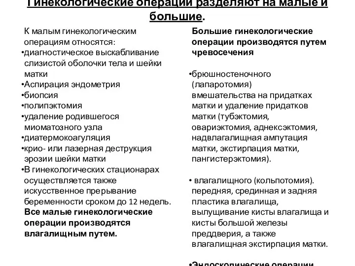 Гинекологические операции разделяют на малые и большие. К малым гинекологическим операциям