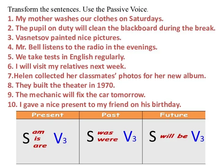 Transform the sentences. Use the Passive Voice. 1. My mother washes