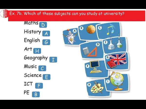 Ex. 7. Match the pictures to the school subjects. Listen and