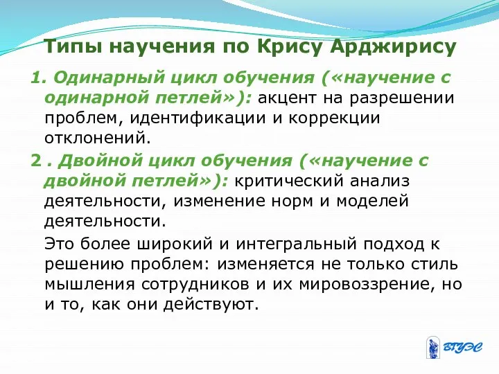 Типы научения по Крису Арджирису 1. Одинарный цикл обучения («научение с