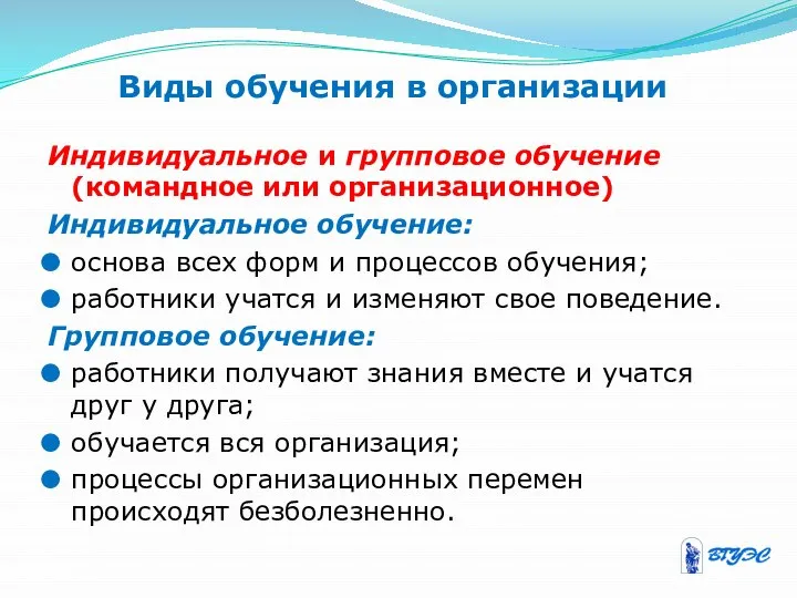 Виды обучения в организации Индивидуальное и групповое обучение (командное или организационное)