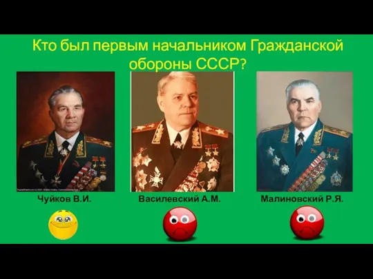 Кто был первым начальником Гражданской обороны СССР? Василевский А.М. Малиновский Р.Я. Чуйков В.И.