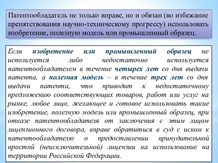 Патентообладатель не только вправе, но и обязан (во избежание препятствования научно-техническому