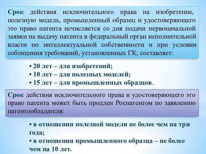 Срок действия исключительного права на изобретение, полезную модель, промышленный образец и