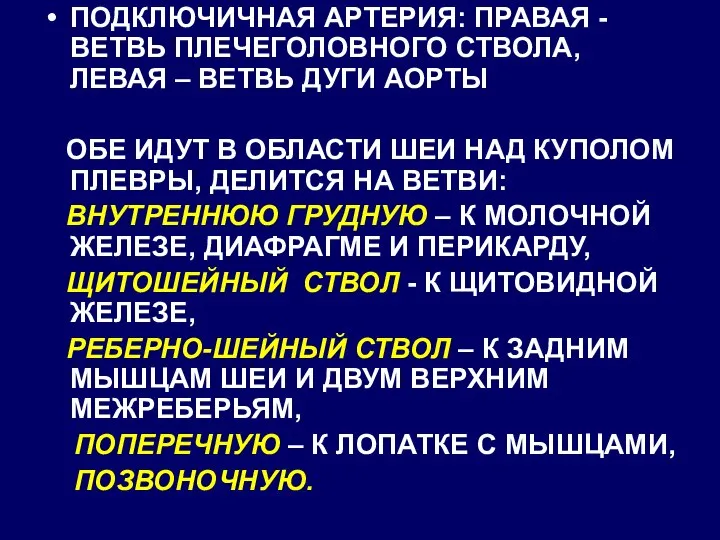 ПОДКЛЮЧИЧНАЯ АРТЕРИЯ: ПРАВАЯ - ВЕТВЬ ПЛЕЧЕГОЛОВНОГО СТВОЛА, ЛЕВАЯ – ВЕТВЬ ДУГИ