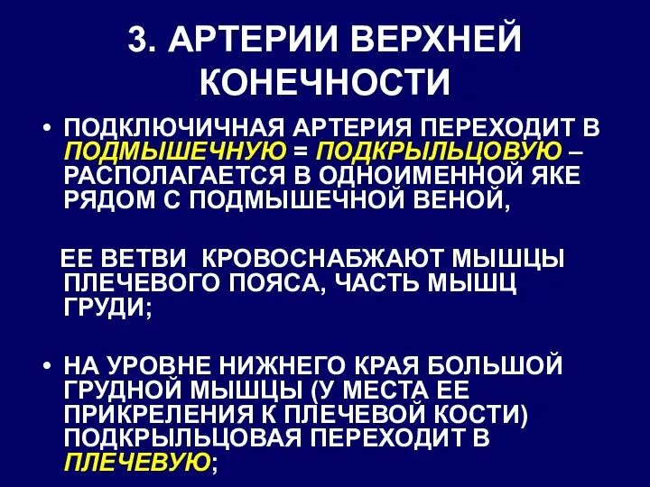 3. АРТЕРИИ ВЕРХНЕЙ КОНЕЧНОСТИ ПОДКЛЮЧИЧНАЯ АРТЕРИЯ ПЕРЕХОДИТ В ПОДМЫШЕЧНУЮ = ПОДКРЫЛЬЦОВУЮ