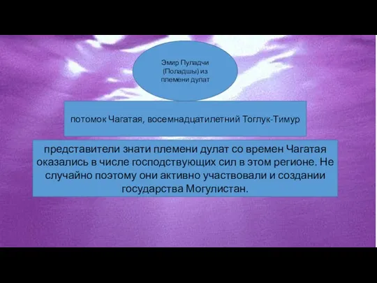 Эмир Пуладчи (Поладшы) из племени дулат по­томок Чагатая, восемнадцатилетний Тоглук-Тимур представители