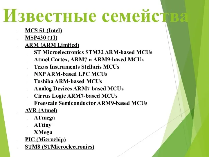 Известные семейства MCS 51 (Intel) MSP430 (TI) ARM (ARM Limited) ST