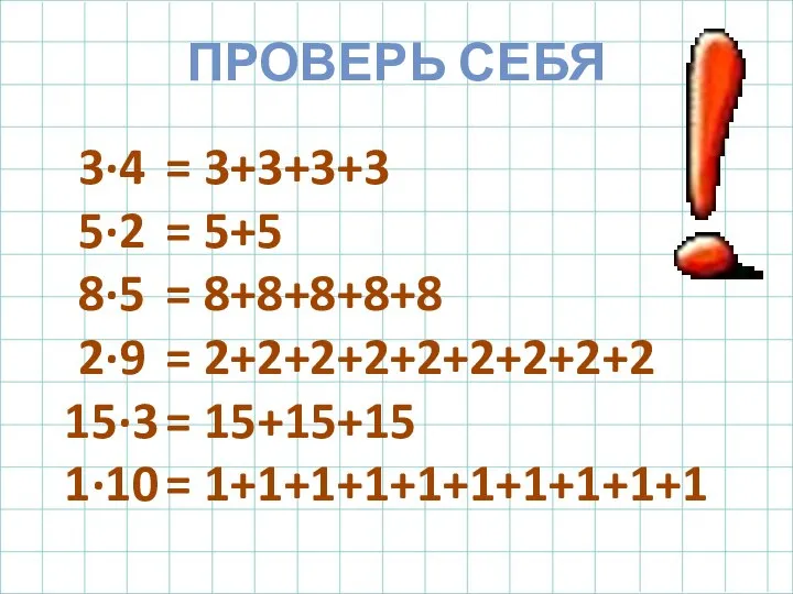 ПРОВЕРЬ СЕБЯ 3·4 5·2 8·5 2·9 15·3 1·10 = 3+3+3+3 =