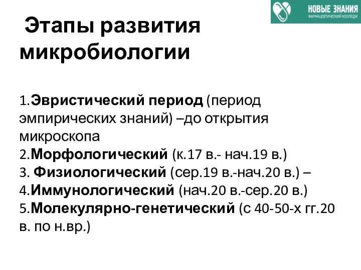 Этапы развития микробиологии 1.Эвристический период (период эмпирических знаний) –до открытия микроскопа