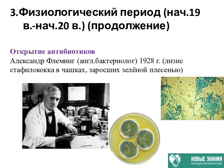 3.Физиологический период (нач.19 в.-нач.20 в.) (продолжение) Открытие антибиотиков Александр Флеминг (англ.бактериолог)