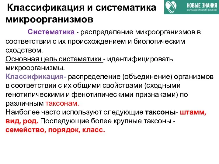 Классификация и систематика микроорганизмов Систематика - распределение микроорганизмов в соответствии с