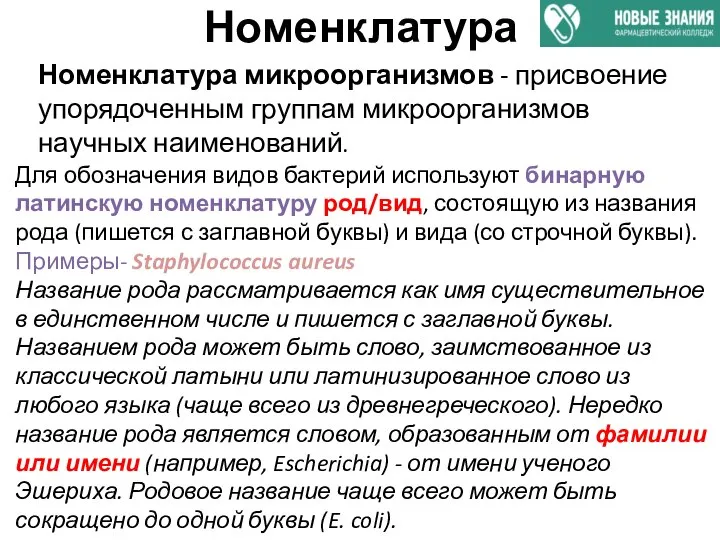 Номенклатура Для обозначения видов бактерий используют бинарную латинскую номенклатуру род/вид, состоящую