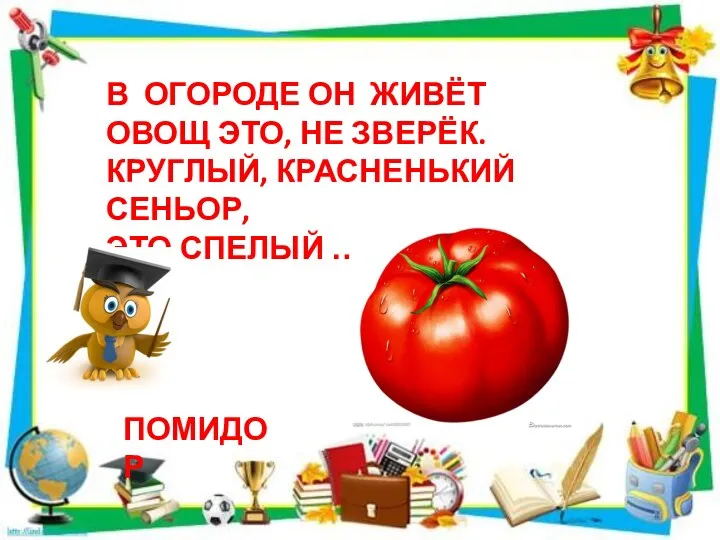 В ОГОРОДЕ ОН ЖИВЁТ ОВОЩ ЭТО, НЕ ЗВЕРЁК. КРУГЛЫЙ, КРАСНЕНЬКИЙ СЕНЬОР, ЭТО СПЕЛЫЙ … ПОМИДОР