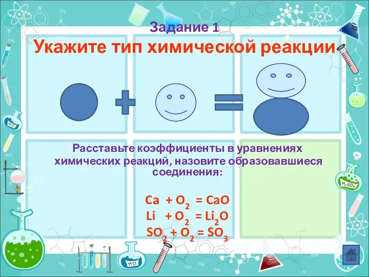 Задание 1 Укажите тип химической реакции Расставьте коэффициенты в уравнениях химических