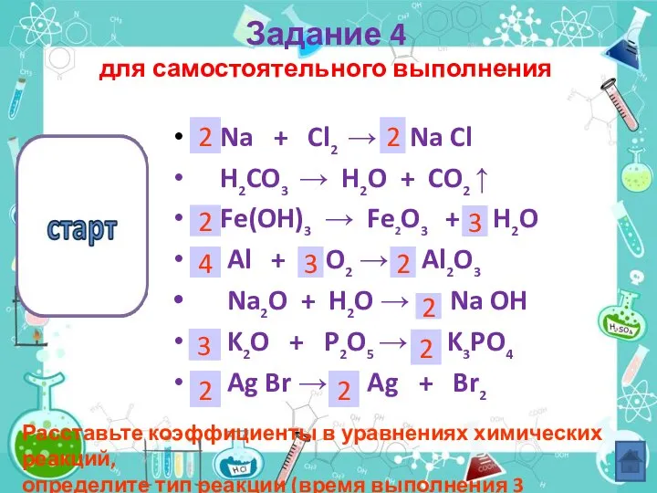 Na + Cl2 → Na Cl H2CO3 → H2O + CO2