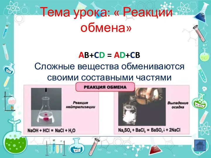 Тема урока: « Реакции обмена» AB+CD = AD+CB Сложные вещества обмениваются своими составными частями