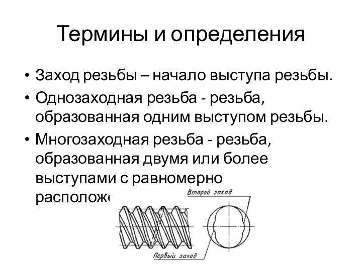 Термины и определения Заход резьбы – начало выступа резьбы. Однозаходная резьба