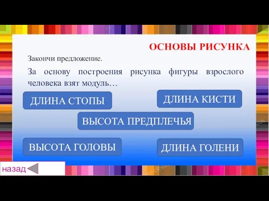 ДЛИНА СТОПЫ ДЛИНА КИСТИ ВЫСОТА ПРЕДПЛЕЧЬЯ ДЛИНА ГОЛЕНИ ВЫСОТА ГОЛОВЫ Закончи