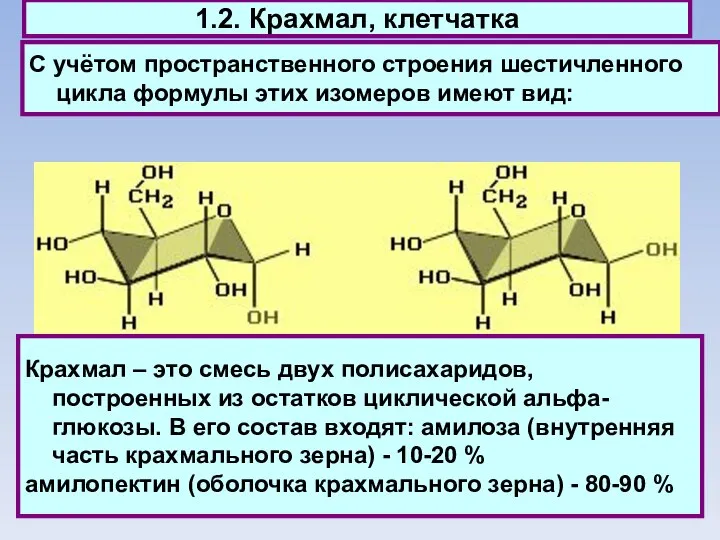 1.2. Крахмал, клетчатка С учётом пространственного строения шестичленного цикла формулы этих