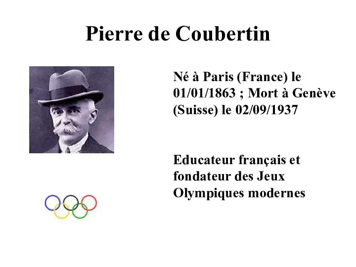 Pierre de Coubertin Né à Paris (France) le 01/01/1863 ; Mort