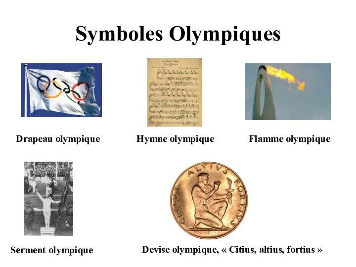 Symboles Olympiques Drapeau olympique Flamme olympique Hymne olympique Devise olympique, «