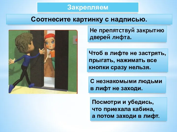 Закрепляем С незнакомыми людьми в лифт не заходи. Не препятствуй закрытию