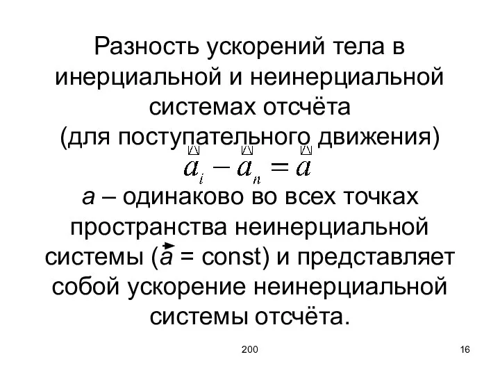 200 Разность ускорений тела в инерциальной и неинерциальной системах отсчёта (для